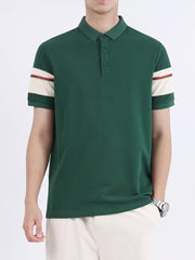 Dark green combed cotton polo shirt with striped sleeve accents
