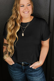 Black crewneck cotton t-shirt with cuffed sleeves