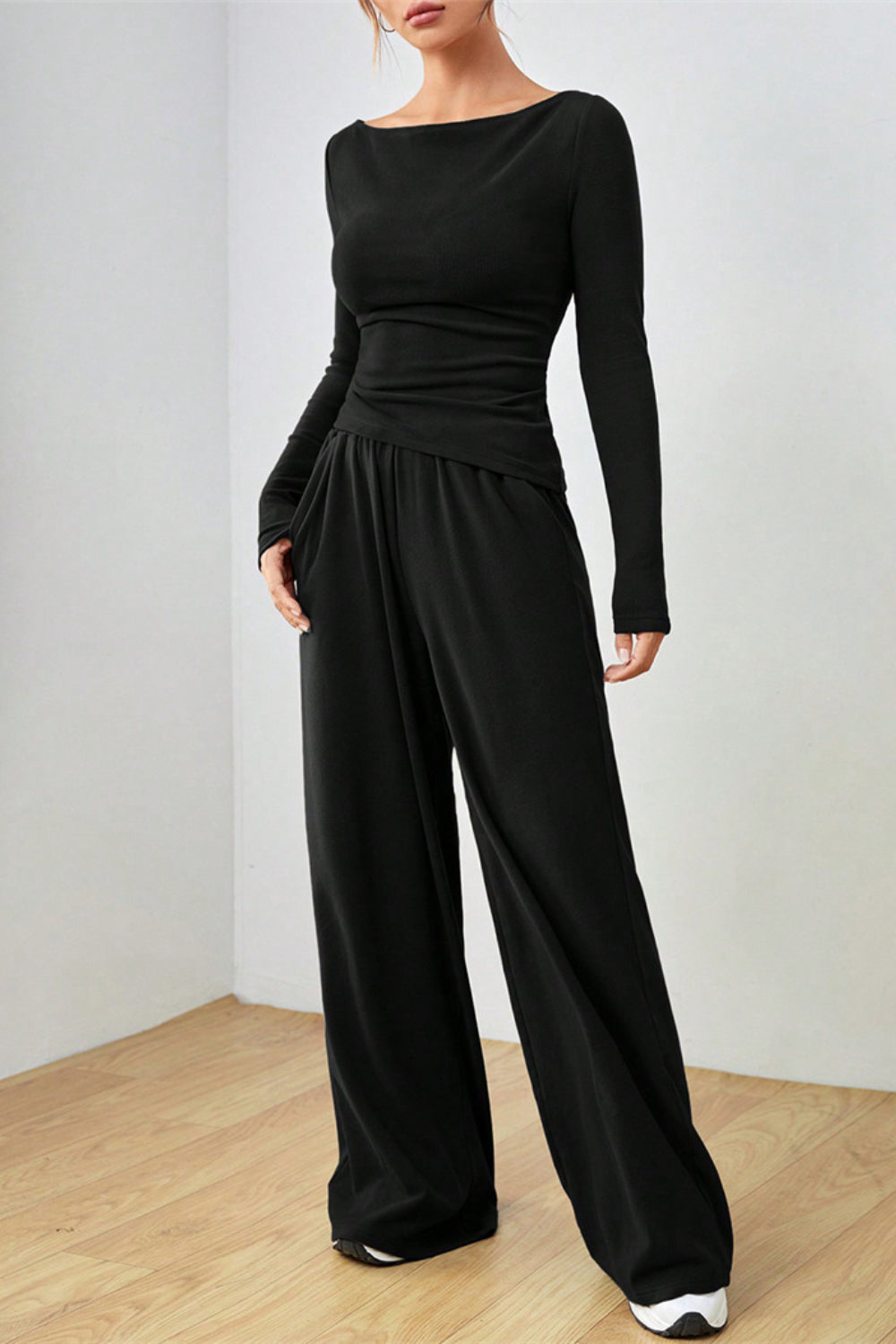 Black boat neck loungewear set with wide leg pants