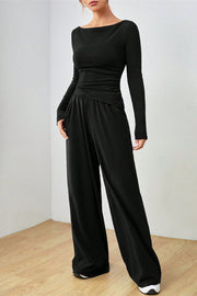 Black boat neck loungewear set with wide leg pants