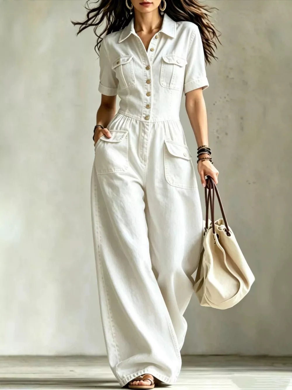 Denim Wide-leg Jumpsuit With Chest Pockets in Black, back view