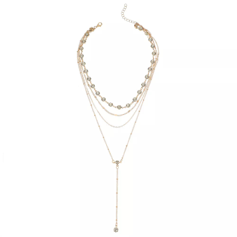 Multi-layered Rhinestone 18k Gold-plated Choker Necklace in Gold, back view