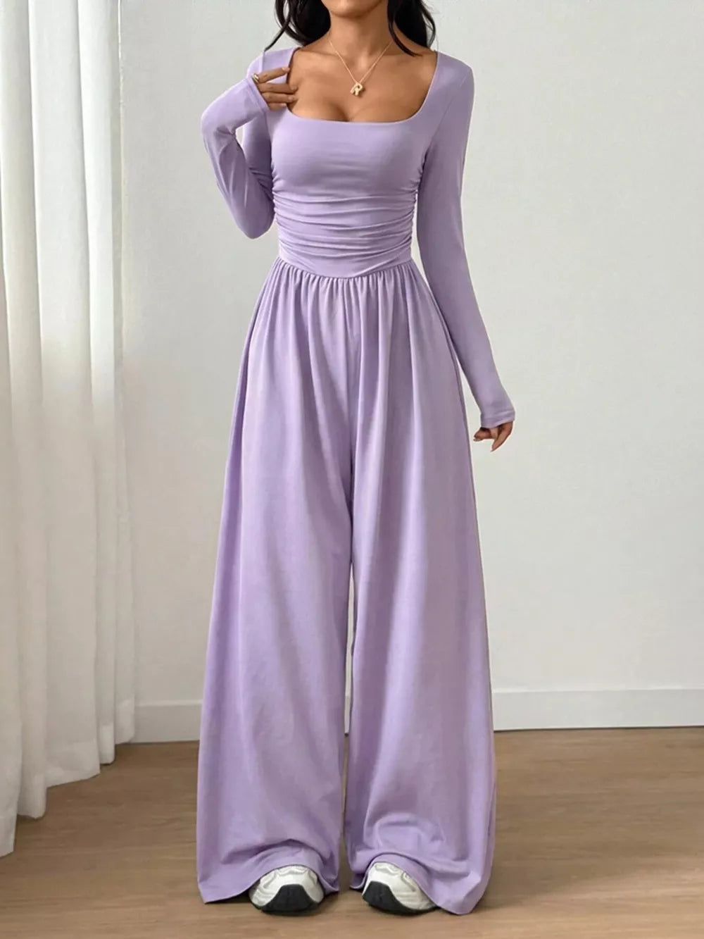 Ruched Square Neck Wide-leg Jumpsuit in Brown, view 22