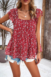Deep Red floral peplum blouse with flutter sleeves and square neckline.