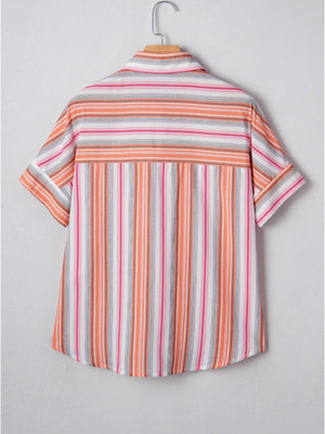 Classic button-down short-sleeve shirt with vertical stripes in orange, white, gray, and pink.