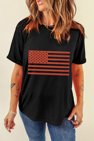 Black glittered Americana flag tee with short sleeves and a casual fit.