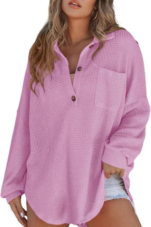 Lilac waffle knit henley shirt with pocket and button detail