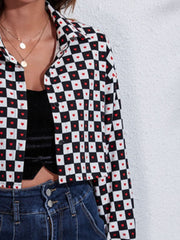Checkerboard cropped shirt jacket with red hearts, button front, and collar.