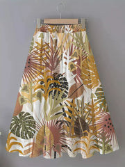 A-line skirt with elastic waist and colorful tropical leaf print