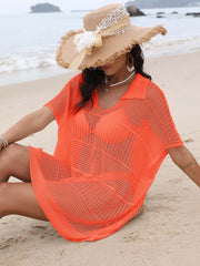 Orange open-knit polo beach dress with short sleeves and a relaxed fit.