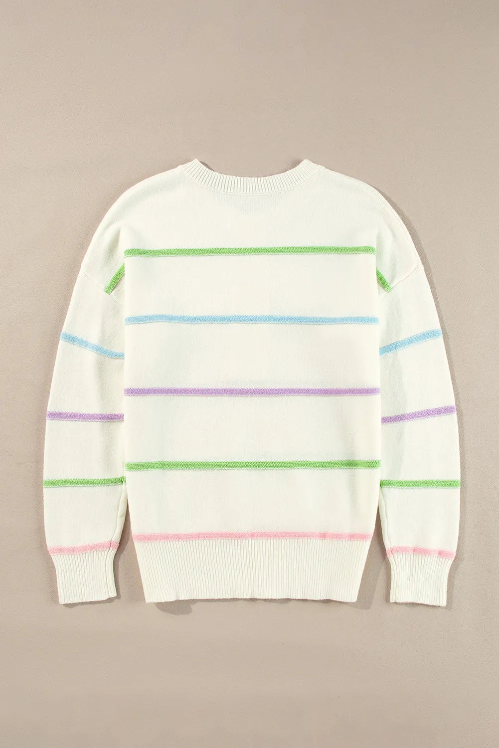 Ivory knit sweater with pastel stripes and crew neck