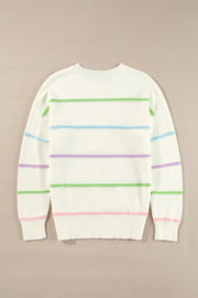 Ivory knit sweater with pastel stripes and crew neck