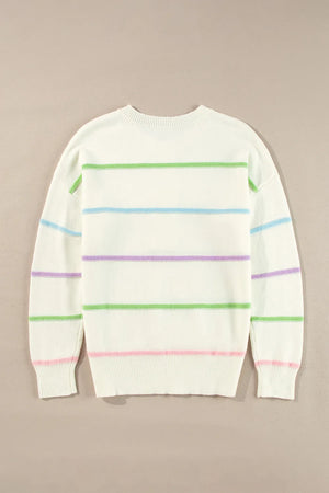 Ivory knit sweater with pastel stripes and crew neck