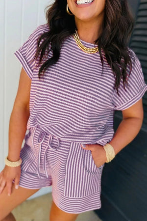 Textured knit stripe two-piece set with crew neck top and drawstring shorts in purple and white.