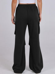 Black cargo pocket drape wide leg sweatpants with elastic waist.
