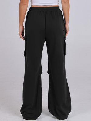 Black cargo pocket drape wide leg sweatpants with elastic waist.