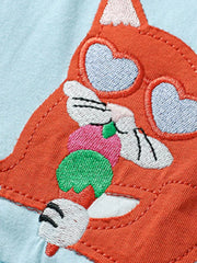Mint blue cotton toddler dress with cartoon cat embroidery and heart-shaped eyes.