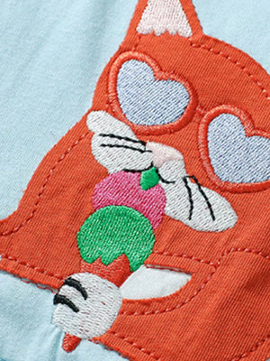 Mint blue cotton toddler dress with cartoon cat embroidery and heart-shaped eyes.