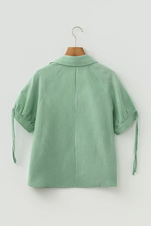Striped Collared Split Neck Half Sleeve Blouse, fabric detail