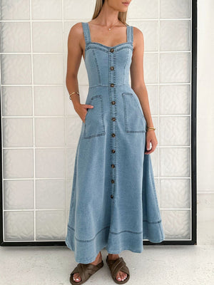 Chic light wash denim A-line midi dress with button front, square neckline, and patch pockets.
