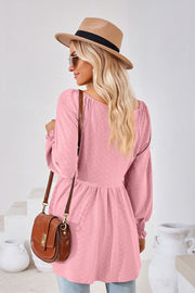 Textured babydoll blouse in Dusty Pink with smocked cuffs and a square neckline.