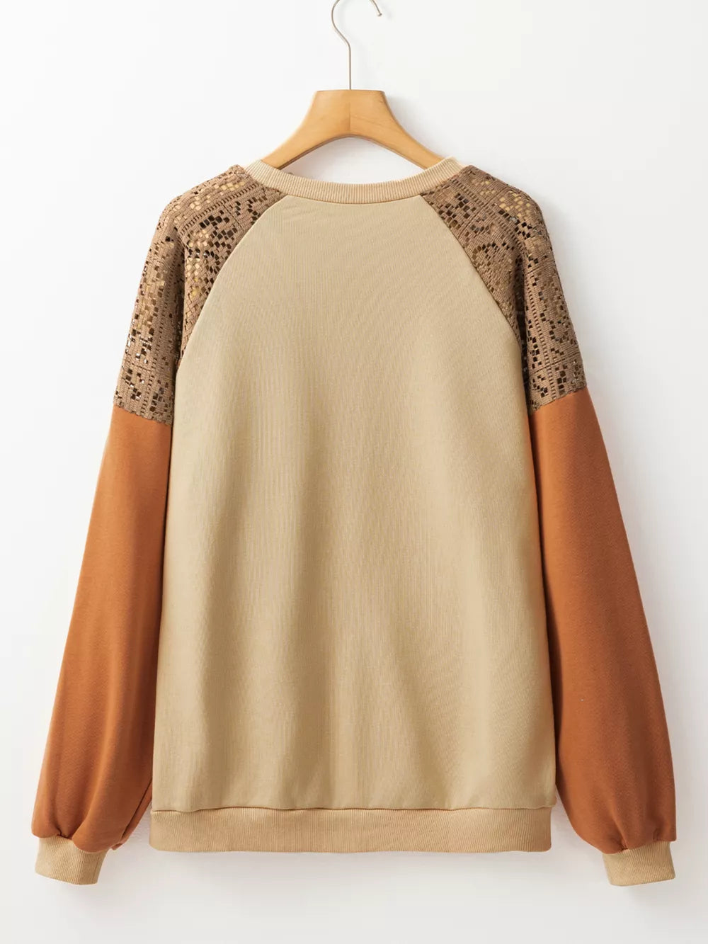 Lace Patchwork Colorblock Sweatshirt in Tan, fabric detail