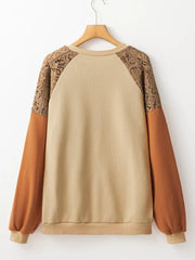 Lace Patchwork Colorblock Sweatshirt in Tan, fabric detail