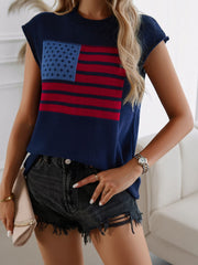Navy knit vest with American flag detail, crew neck, sleeveless, casual style
