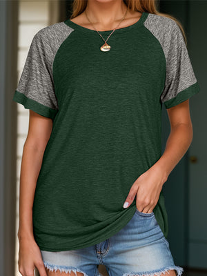 Raglan sleeve tee in dark green with heather gray sleeves and a crew neck.