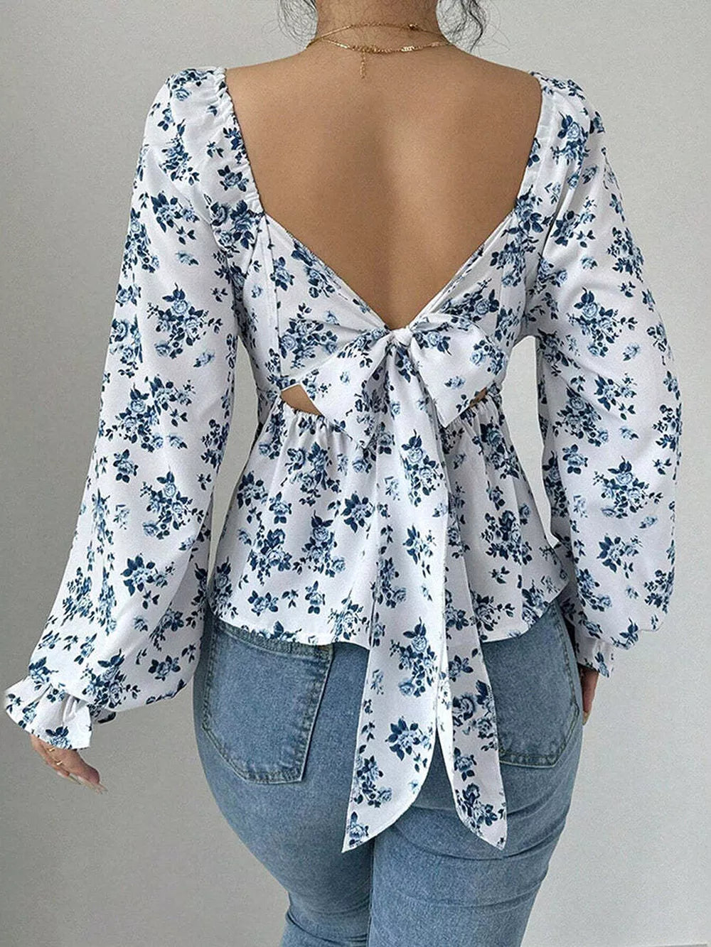 Floral Print Square Neck Peplum Blouse in Floral, side view