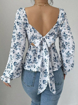 Floral Print Square Neck Peplum Blouse in Floral, side view