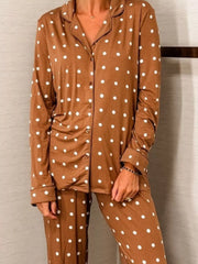 Caramel polka dot pajama set with button detail and collared neckline.