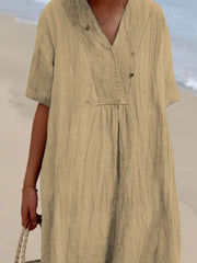 Khaki V-neck casual midi dress with short sleeves and button detail