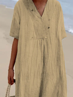 Khaki V-neck casual midi dress with short sleeves and button detail