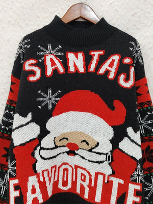 Black acrylic knit sweater with Santa graphic and "Santa's Favorite" text.