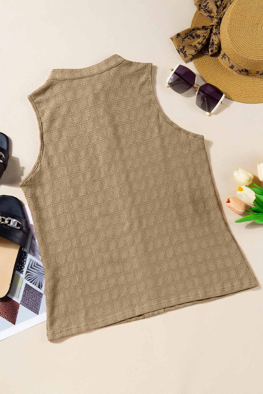 Khaki Mandarin Collar Pleated Tank Top with subtle textured pattern