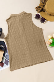 Khaki Mandarin Collar Pleated Tank Top with subtle textured pattern