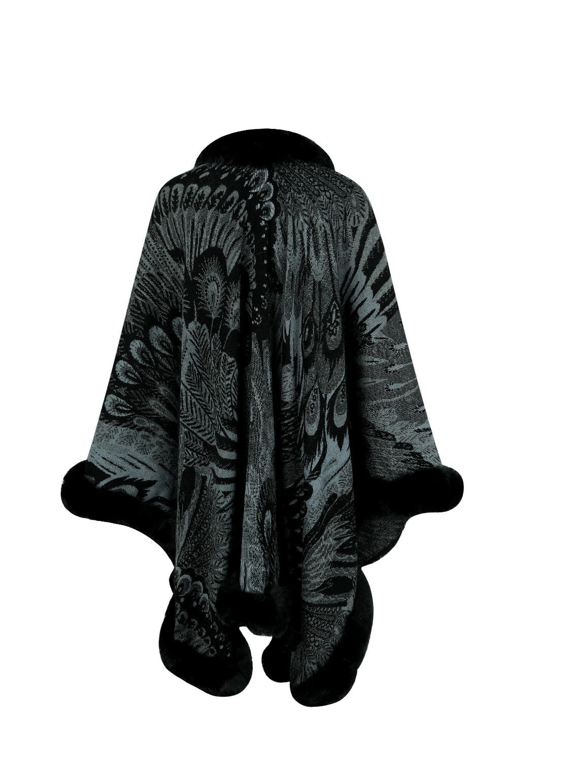 Charcoal feather print cape with faux fur trim and collar