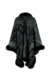 Charcoal feather print cape with faux fur trim and collar