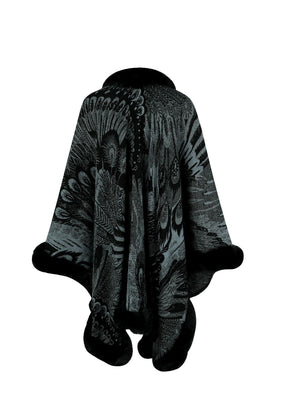 Charcoal feather print cape with faux fur trim and collar