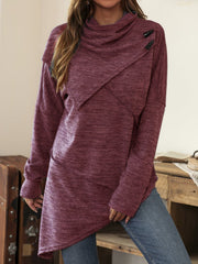 Deep purple asymmetric knit top with cowl neck and diagonal button detail