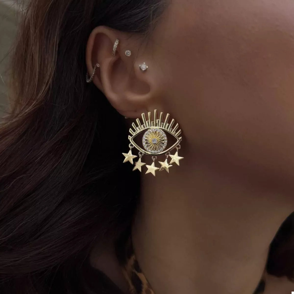 Gold evil eye dangle earrings with stars, 18K gold-plated