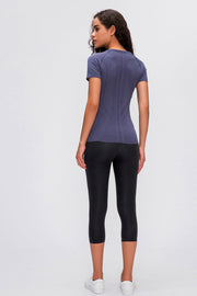Sculpted Active Seamless Tee in Dark Blue, short sleeve, crew neck, with textured back detail.