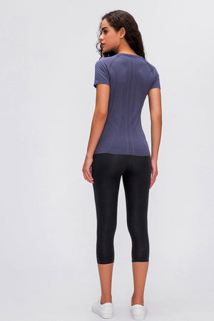 Sculpted Active Seamless Tee in Dark Blue, short sleeve, crew neck, with textured back detail.