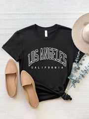 Black graphic t-shirt with white Los Angeles California text, crew neck, short sleeves.