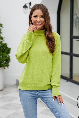 Textured turtleneck sweater in lime green with long sleeves and a relaxed fit.