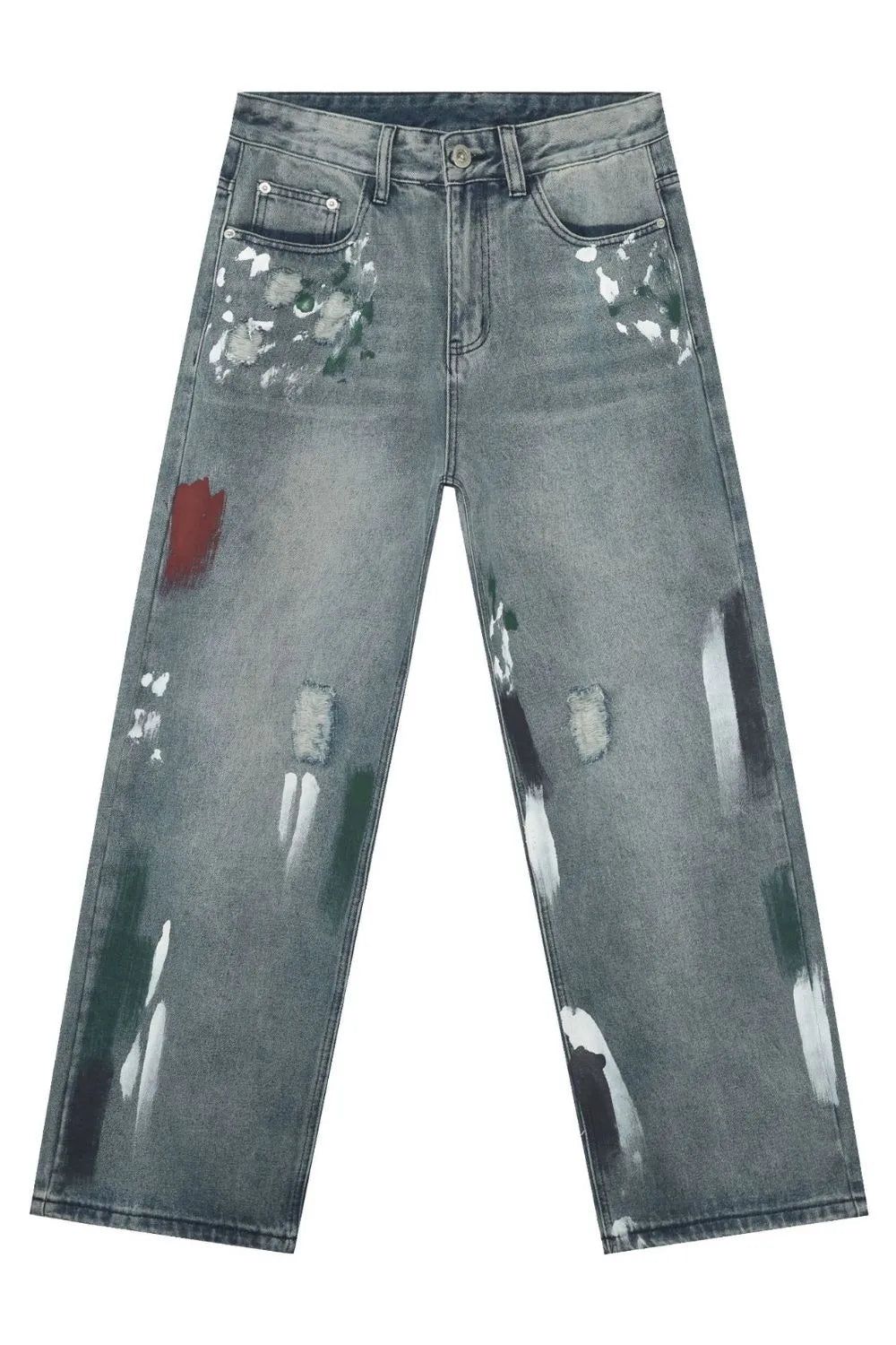 Ink-Blot Wide Leg Denim jeans in medium wash feature abstract paint splatters and distressed details.