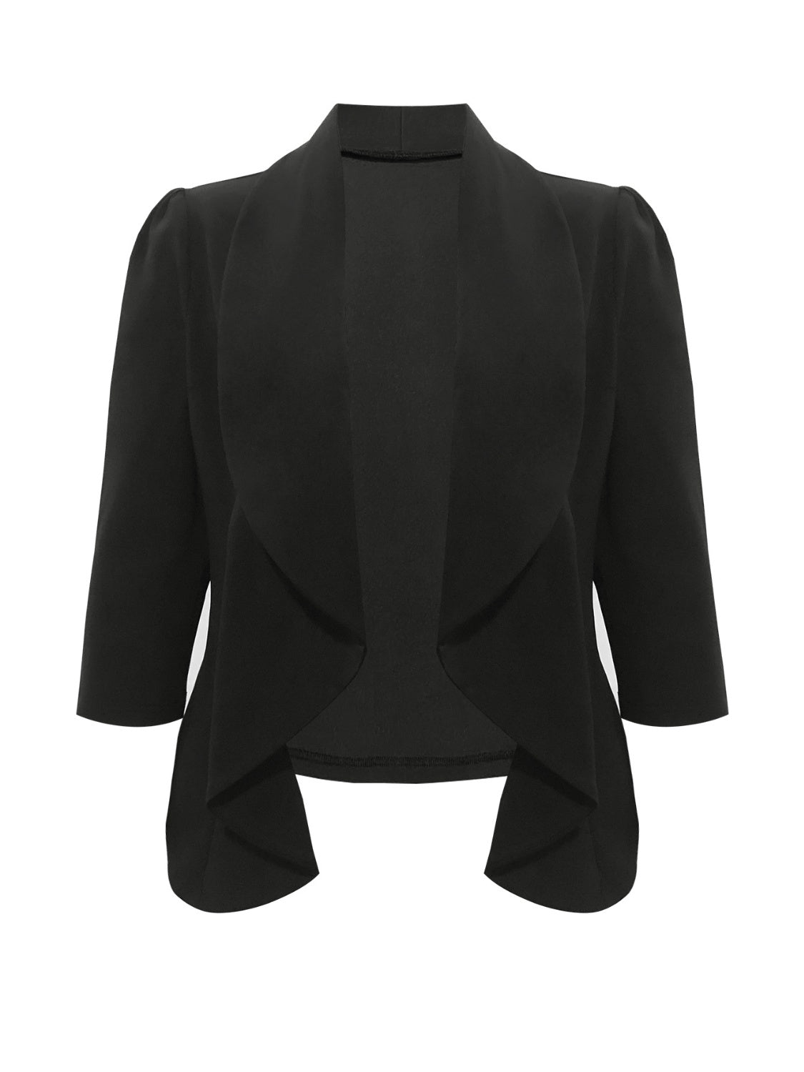 Black drape-front blazer with sculpted silhouette and 3/4 sleeves.