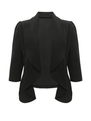 Black drape-front blazer with sculpted silhouette and 3/4 sleeves.