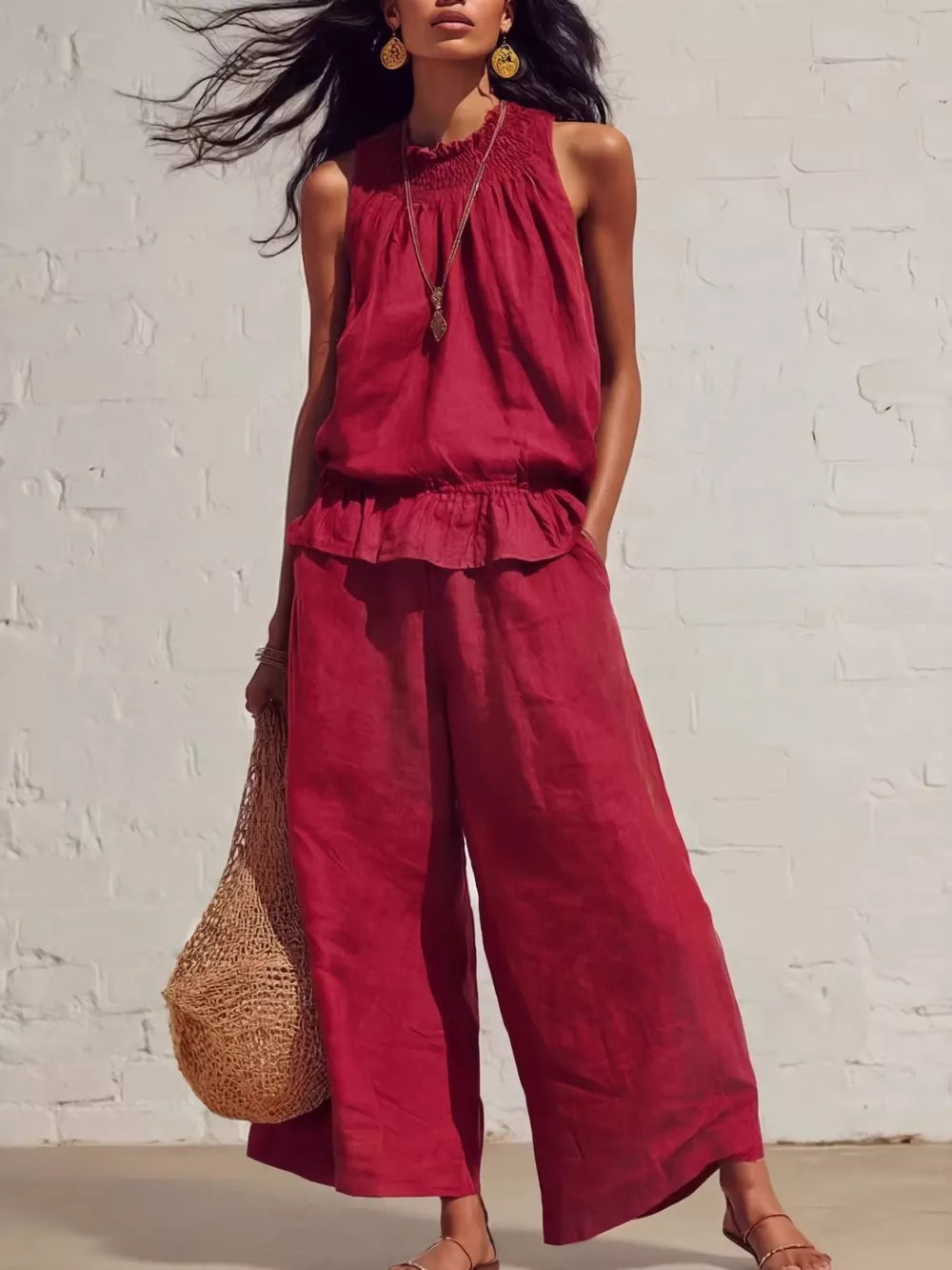 Scarlet smocked peplum top and flowing wide-leg pants set with ruffled hem and neckline.